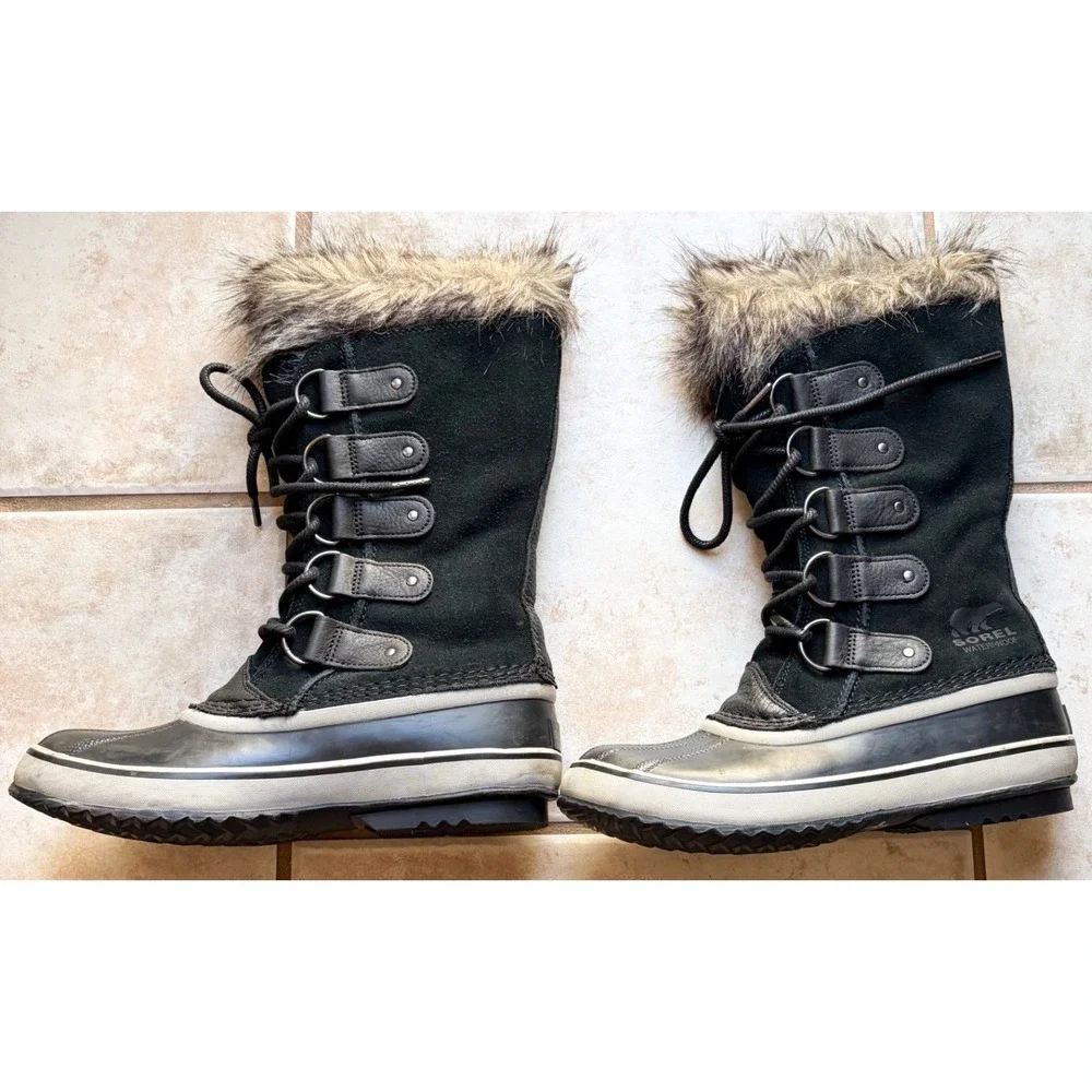 Sorel Joan of Arctic Black Waterproof Winter Snow Boots Faux Fur Trim Size 9